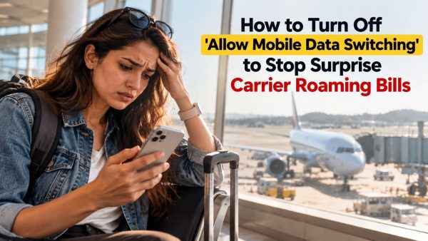 An international traveler looking concerned at a smartphone showing roaming charges in an airport terminal, with blog title text overlay.