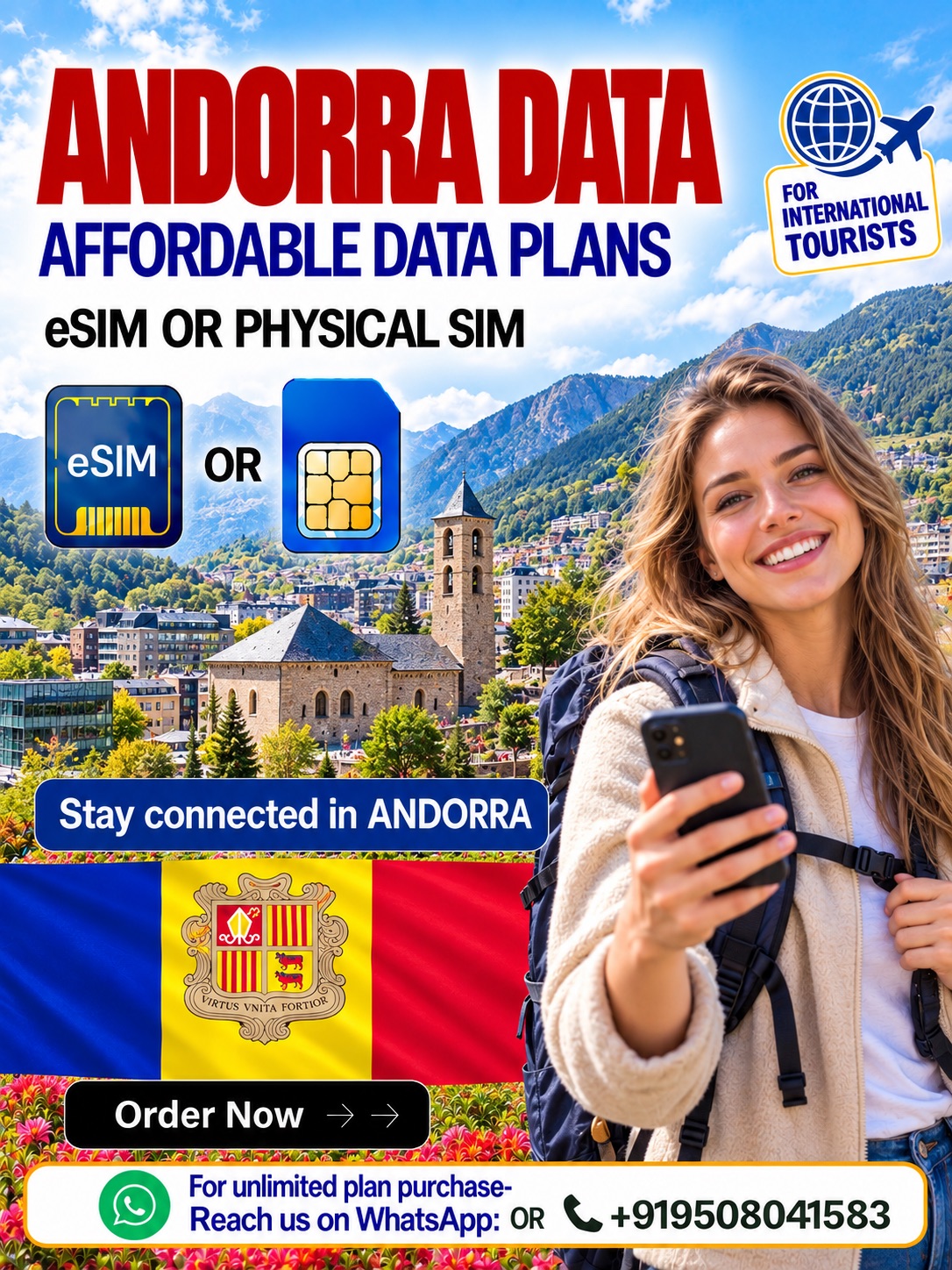 Andorra Data eSIM & Physical SIM | Affordable Travel Data Plans Andorra travel data eSIM and physical SIM plans for international tourists, featuring a European female traveler, Andorra flag, Pyrenees mountains, and WhatsApp support.