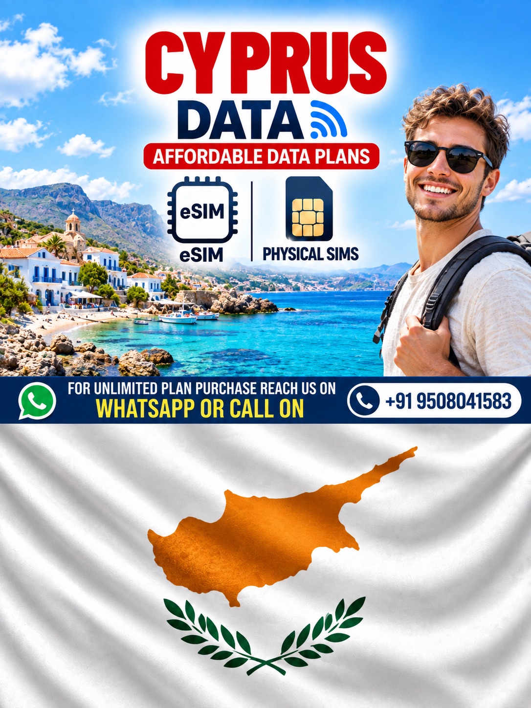 Cyprus eSIM and Physical SIM Data Plans Cyprus eSIM and physical SIM data plans advertisement featuring a coastal Cyprus landscape, traveler, Cyprus flag, and WhatsApp contact number.
