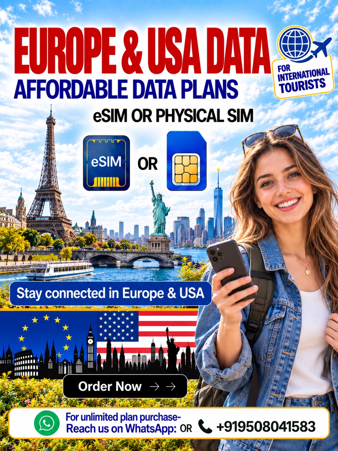 Europe & USA Travel eSIM and Physical Data SIM Plans – Symbaa by Hubbing Ecom Europe & USA affordable travel data eSIM and physical SIM plans featuring a female traveler holding a smartphone, iconic landmarks, and international connectivity.
