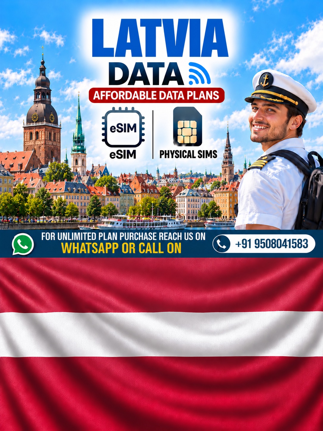 Latvia Data eSIM & Physical SIM for International Travel Latvia travel data eSIM and physical SIM plans for international travelers and seafarers, featuring Riga landmarks, Latvian flag, and unlimited data contact information.