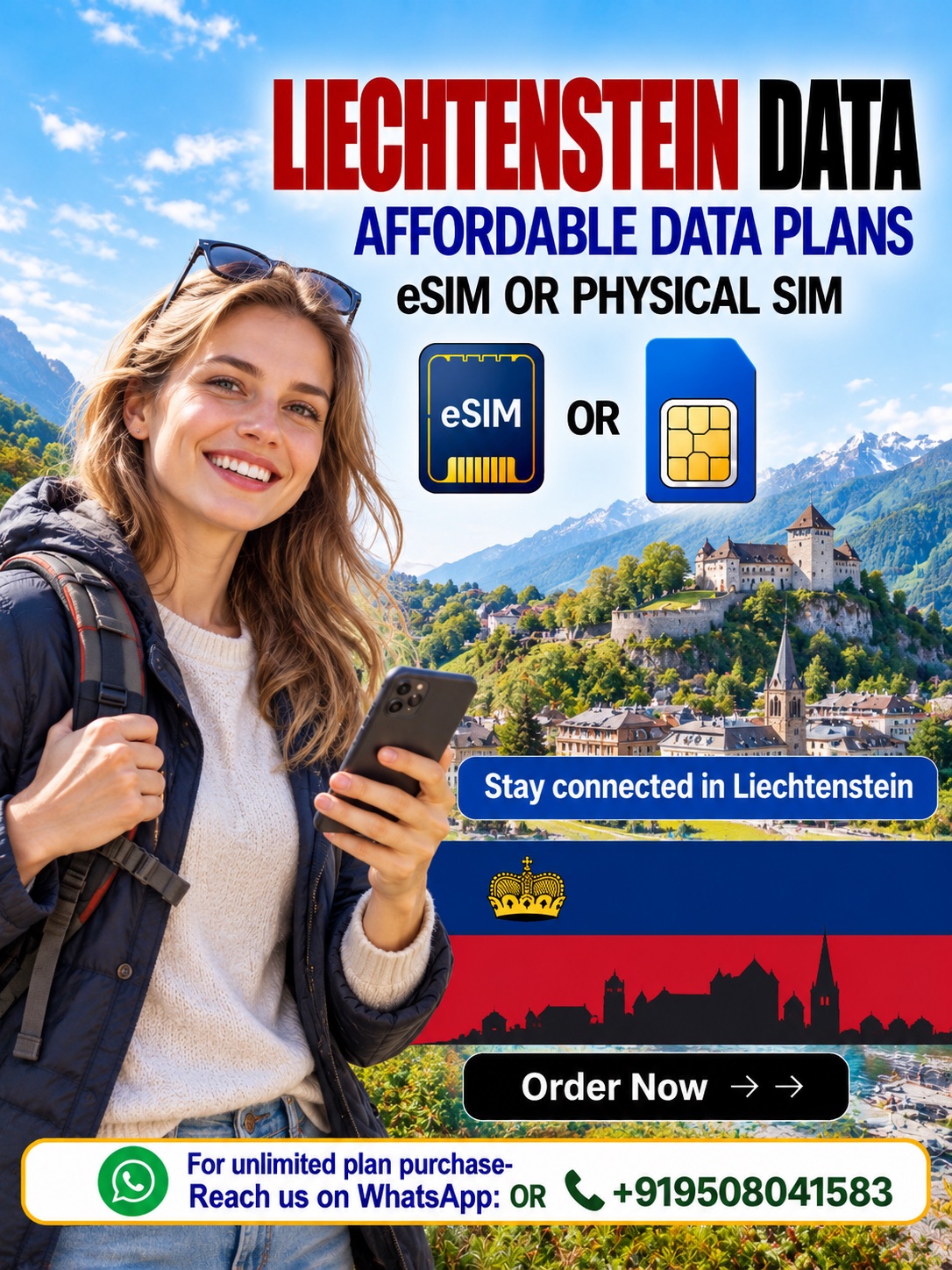 Liechtenstein Travel eSIM & Physical Data SIM | Affordable Data Plans Liechtenstein travel eSIM and physical SIM data plans featuring a young European female traveler holding a smartphone, Vaduz Castle, Alpine scenery, and affordable mobile connectivity.