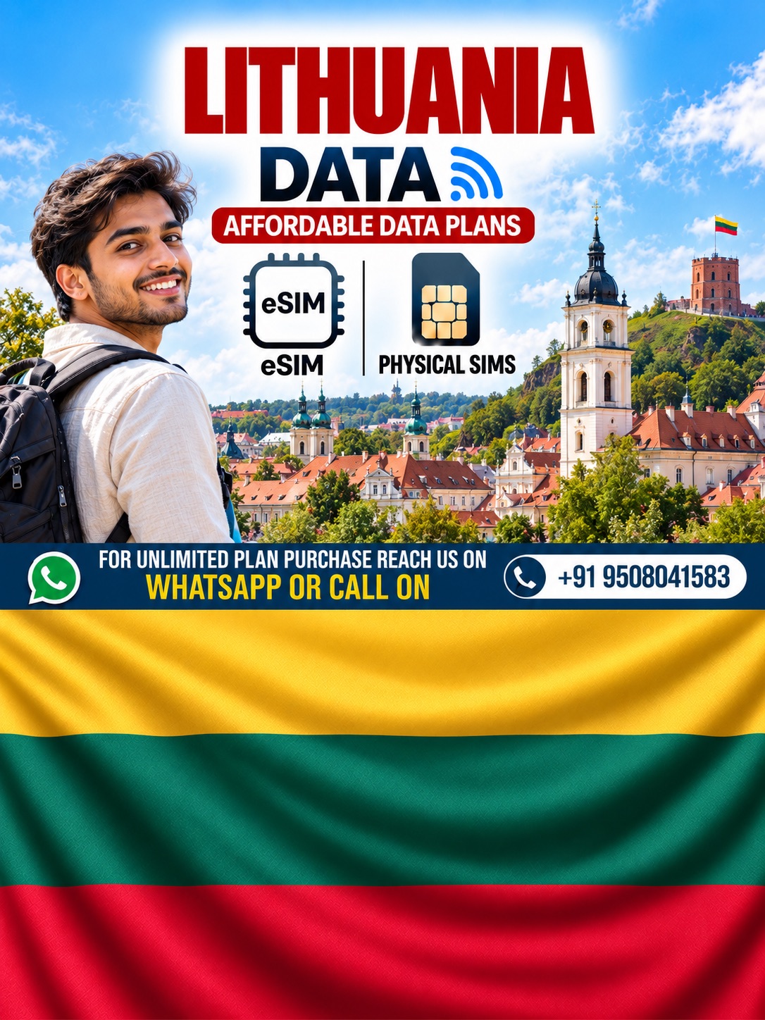 Lithuania Data eSIM & Physical SIM for International Travel Lithuania travel data eSIM and physical SIM plans for international travelers, featuring Vilnius landmarks, Lithuanian flag, and unlimited data contact information.
