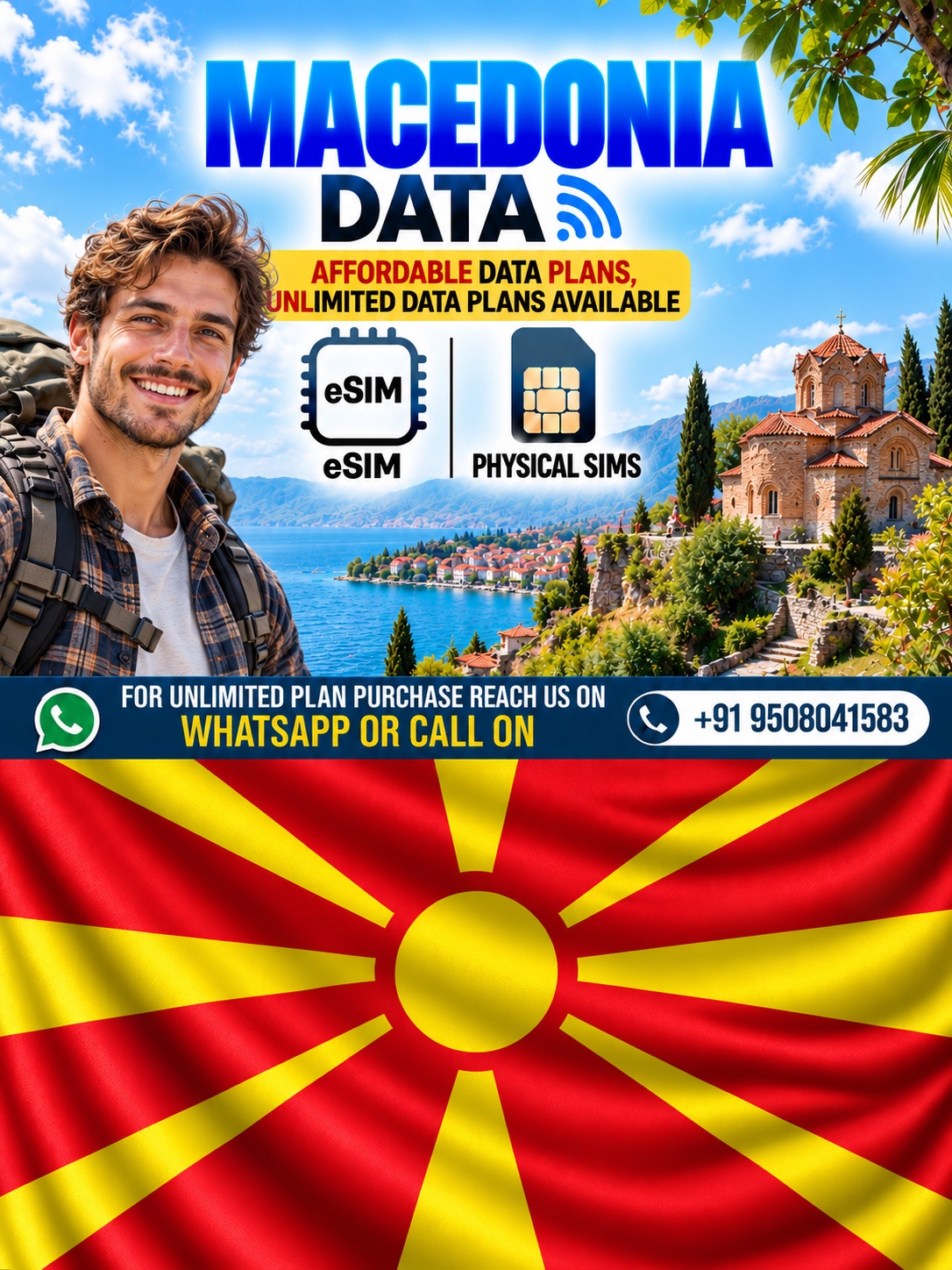 North Macedonia Travel eSIM & Physical Data SIM | Affordable Data Plans North Macedonia travel eSIM and physical SIM data plans featuring a young European male traveler, Lake Ohrid, historic architecture, and affordable mobile connectivity options.