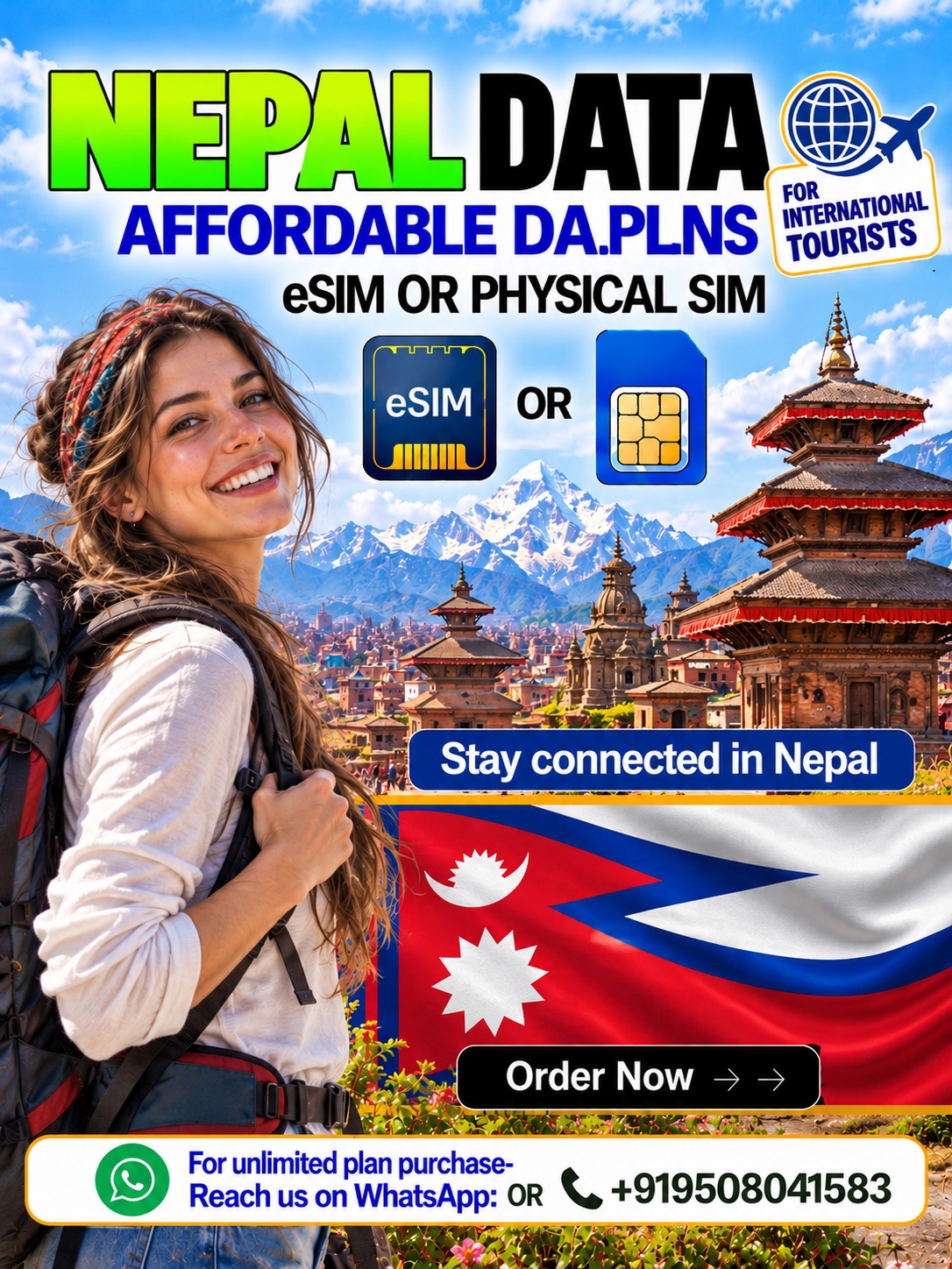 Nepal Travel eSIM & Physical Data SIM | Affordable Data Plans Nepal travel eSIM and physical SIM data plans featuring a young European female traveler, Himalayan mountains, traditional Nepalese temples, Nepal flag, and affordable mobile connectivity.